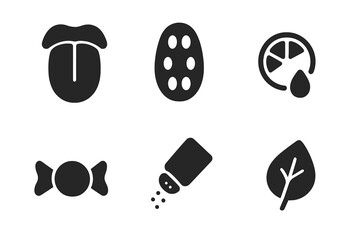 Solid glyph icon set of the five basic tastes. Includes sweet candy, sour lemon, salty shaker, bitter leaf, and umami symbols. Tongue and taste bud sensory illustrations.