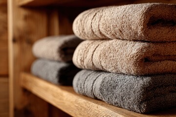 Stack of folded towels in neutral colors on a wooden shelf in a warm and inviting setting indoors