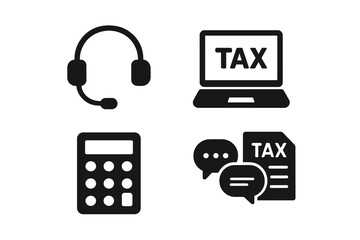 Tax advisor icon set for financial consulting. Vector glyphs for accounting, online tax service, support, and declaration. Includes calculator, laptop, and headset symbols.