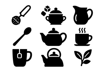 Tea icons set. Solid glyph collection for tea time and accessories. Vector illustration of teapot, cup, kettle, milk jug, sugar bowl, spoon, infuser, and tea leaves.
