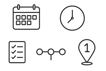 Timeline and schedule vector icon set. Outline icons for project management, business planning. Calendar, clock, checklist, infographic, milestone marker. Time management.
