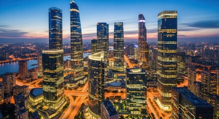 Obraz premium Modern City Skyline at Twilight with Illuminated Skyscrapers.