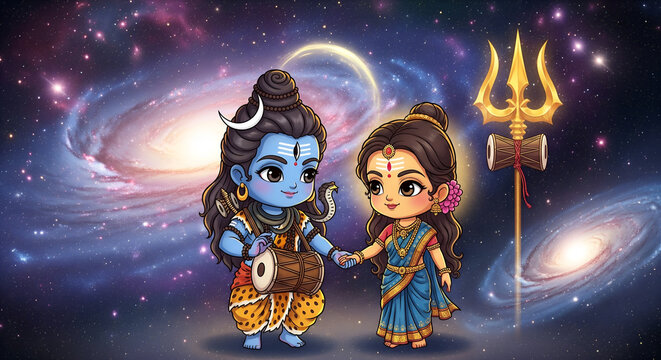 Shiva parvati cartoon for hartalika teej pradosh vrat sharad navratri divine love hindu celebration and spiritual devotion