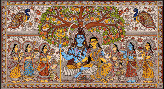 Shiva parvati hartalika teej pradosh vrat divine depiction spiritual sharad navratri festival celebration traditional hindu art