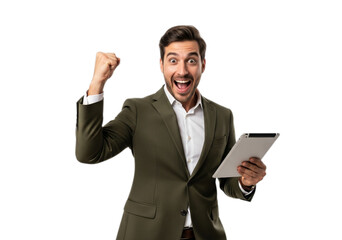 Photo of excited businessman with tablet celebrating success isolated on transparent background