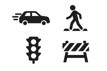 Traffic danger and safety icon set. Solid glyph vector icons of speeding car, pedestrian crossing, traffic light, and road barrier. Roadblock and accident prevention symbols.