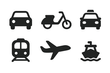 Transportation icon set. Collection of simple black solid glyphs for travel and transport. Includes car, scooter, taxi, train, airplane, and boat symbols. Vector pictogram.
