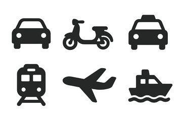 Transportation icons grid. Solid filled icon set of public and private transport. Car, scooter, taxi, train, airplane, boat. Vector travel symbols. Vehicle pictograms.