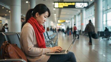 Young Asian woman working on laptop while waiting at airport terminal  
