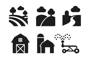 Solid filled terrain icon set featuring farmland, hills, dirt road, barn, silo, irrigation system, rural landscape, agricultural environment, vector cartoon illustration