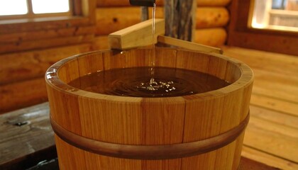 Water pours into a wooden barrel inside a rustic log cabin