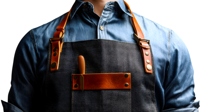 Stylish denim apron with leather details, perfect for culinary professionals or home cooks, capturing a sense of craftsmanship and quality