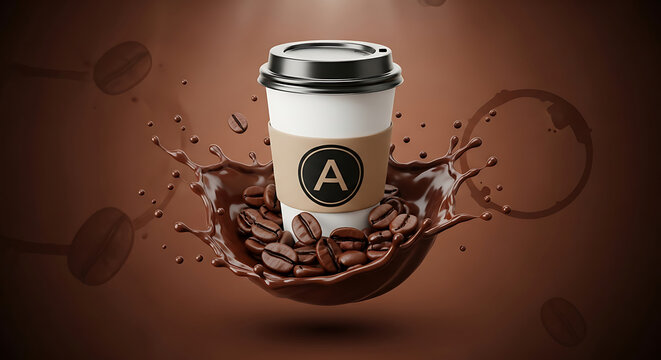 Coffee cup with splash of chocolate and roasted coffee beans in a promotional image