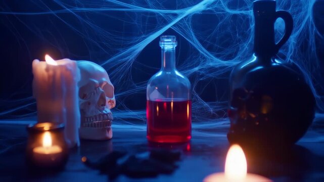 Mystical still life with candles, skulls, and a potion bottle, illuminated by a vibrant blue-toned light, under a veil of simulated spiderwebs