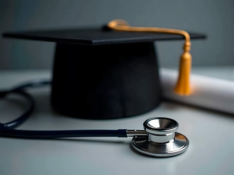 A graduation cap and stethoscope representing a medical degree and academic success.