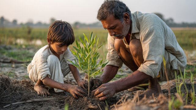 indian father and son doing plantation together