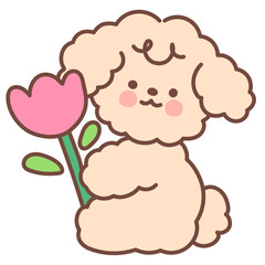 Cute Poodle Puppy with Pink Flower Illustration

