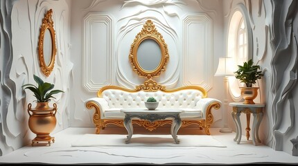 Luxurious Modern Baroque Interior with Ornate Gold-Trimmed Tufted Sofa, Carved Scrollwork, Decorative Mirrors, White Upholstery, Side Table with Plant, and Elegant Blend of Classic style.