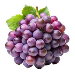 Fototapeta premium A cluster of ripe purple grapes with green leaves, isolated on transparent background, highlighting their rich color and plumpness, ideal for promoting healthy lifestyles and gourmet food