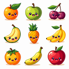 Set of colorful fresh fruits and berries including apple, orange, pear, banana, strawberry, and cherry on white
