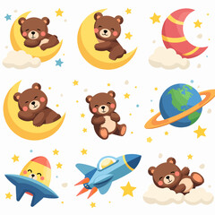 Seamless vector cartoon set of cute funny baby animal characters including teddy bear, illustration