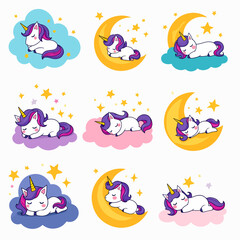 Whimsical Sleeping Unicorns on Moon and Clouds in Pastel Colors, Dreamy Fantasy Collection
