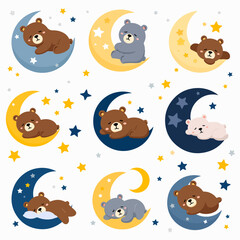 Cute cartoon vector seamless pattern set with bear and stars, ideal for baby and kid illustrations