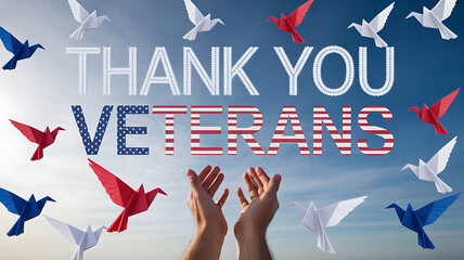 Heartfelt thank you to veterans depicted with origami birds and patriotic lettering against a serene sky expressing gratitude and remembrance on veterans day