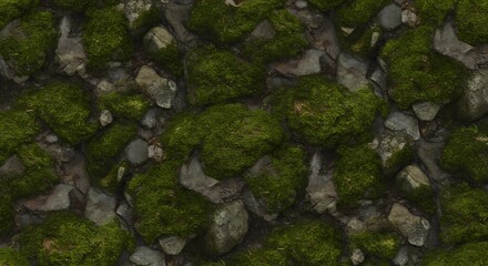 Obraz premium Overlapping rocks covered with green moss arranged randomly The ground is dark visible between the rocks