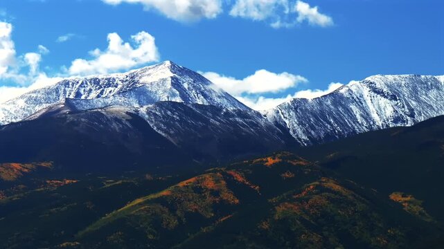 Colorado trail Mt Mount Shavano 14er Tabeguache Peak aerial drone Sawatch Range fall autumn aspen trees San Isabel National Forest snow dusting morning vibrant blue sky clouds parallax circle right