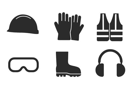 Safety equipment solid icon set. Personal protective equipment (PPE) vector collection. Work safety symbols for construction or industry. Helmet, gloves, vest, goggles, boots.