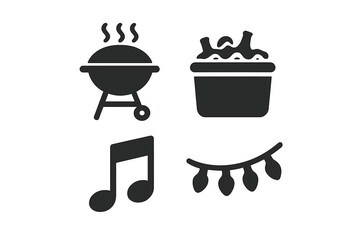Summer party icon set. Vector glyph icons of barbecue grill, drink cooler with ice, music note, and party lights. Outdoor BBQ and picnic celebration graphic elements.