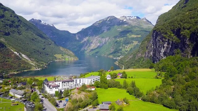 Geiranger at Geirangerfjord aerial view, Norway