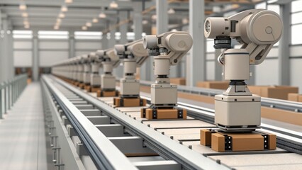 Fototapeta premium Advanced Conveyor System with Sensors and Robots for Alignment