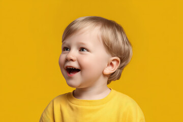 photorealistic portrait of joyful child with big smile on bright yellow background