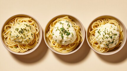 Three bowls of spaghetti in different shapes, placed at different angles to show off their shape, are perfect for online food social media posts or advertising banners.