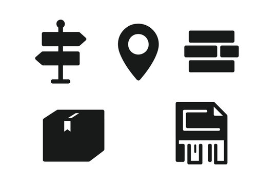 Urban Icon Set with Solid Filled Real-World Integration Symbols including Street Sign, Location Pin, Urban Clue, Package Box, and Flyer Vector Illustration
