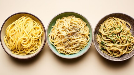 Three bowls of spaghetti in different shapes, placed at different angles to show off their shape, are perfect for online food social media posts or advertising banners.