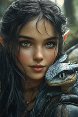 Illuustration of a young elf with her baby dragon