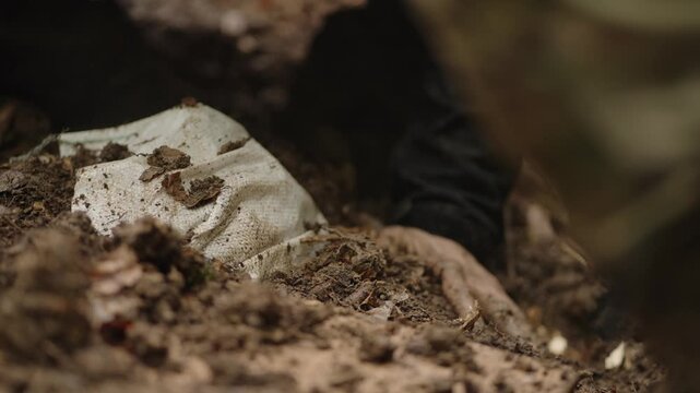 Close up of hooded, dirt covered man lying partially buried and unresponsive as a military character touches him, forest setting