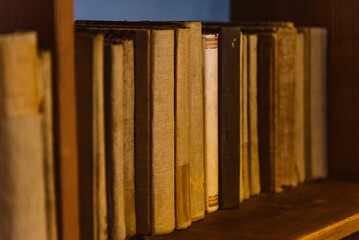 Close-up of vintage books on a wooden shelf