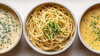 Three bowls of spaghetti in different shapes, placed at different angles to show off their shape, are perfect for online food social media posts or advertising banners.