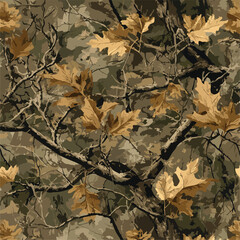 Realistic hunting camouflage seamless pattern design. Forest barks, stems, leaves camouflage background