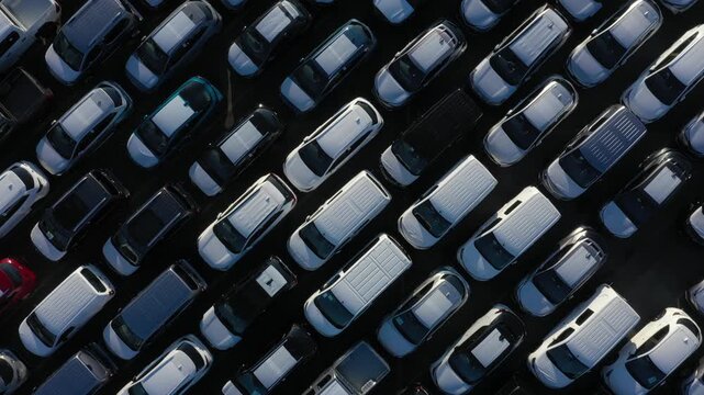 Aerial view of rows of newly produced parked cars, their varying colors creating a textured mosaic under the sun's gaze, neatly arranged, Brugge, Flanders, Belgium.