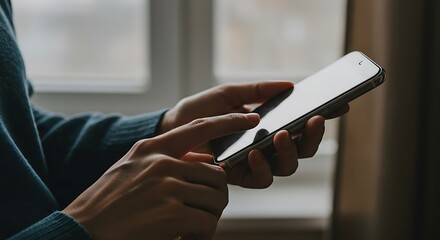 Person using generic smartphone in natural light, sharp focus, soft background blur, authentic lifestyle moment