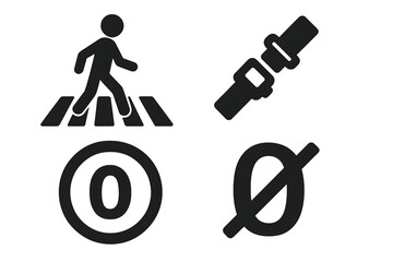 Zero Accidents Concept Icon Set. Bold Solid Icons of Transport Safety Including Pedestrian Crosswalk, Seatbelt, Speed Limit Zero, No Accidents Vector Illustration for Road Safety Campaign