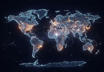 Photo of global network connection world map with glowing dots representing cities and continents, symbolizing worldwide communication and digital technology