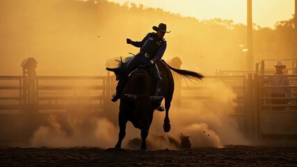 Silhouetted bull and rider in mid-air during rodeo