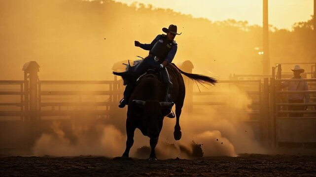 Silhouetted bull and rider in mid-air during rodeo