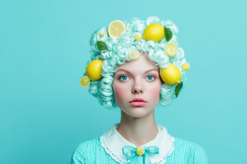 Portrait of a young woman with lemon hairstyle. Ai generative art